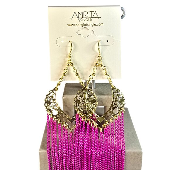 Amrita Singh Women's Gold Plated Pink Long Hook Chain Earrings NWT - Picture 4 of 5